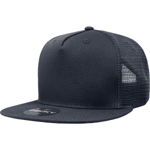 A grey 5 panel high profile structured trucker cap featuring a mesh back and a circular logo on the front.