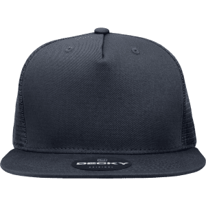 A high-profile structured trucker cap in black with a mesh back and a logo on the front.