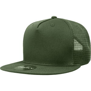 A green 5-panel high profile structured trucker cap with a mesh back and a branding logo.