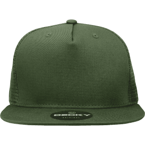 A high-profile structured trucker cap in olive green with a logo on the front.