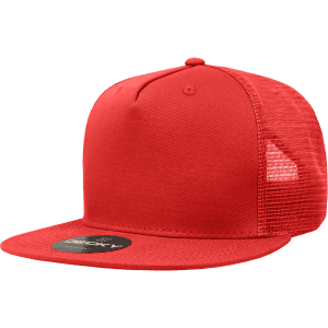 A red high-profile structured trucker cap featuring a mesh back and a branded tag on the front.