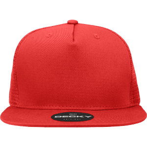 A red high-profile structured trucker cap with a flat brim and a rear mesh panel. Features a logo on the front.