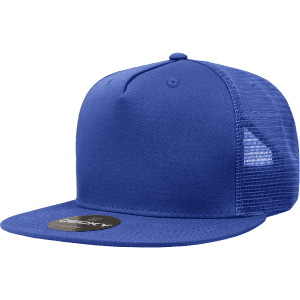 A blue 5 Panel High Profile Structured Trucker cap featuring a mesh back and a branded tag on the front.
