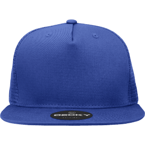 A blue 5-panel high profile structured trucker cap with a flat brim and a branded logo on the front.