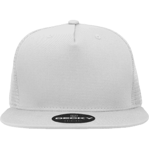 A white 5 Panel High Profile Structured Trucker cap with a mesh back and a logo on the front.