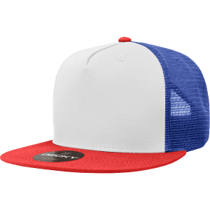 A structured trucker cap in white, red, and blue, featuring a mesh back and a front panel with a logo.