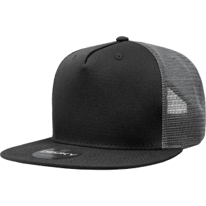 A black 5 panel high profile structured trucker cap with a grey mesh back and a logo on the front.