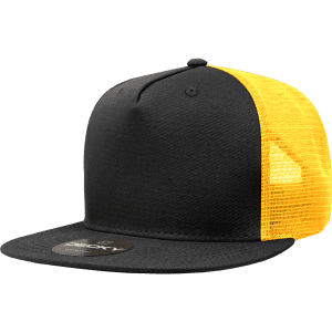 A black and yellow 5-panel high-profile structured trucker cap with a logo on the front and mesh back.