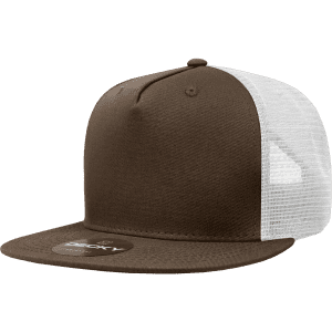 A brown high-profile structured trucker cap with a white mesh back and a logo on the front.