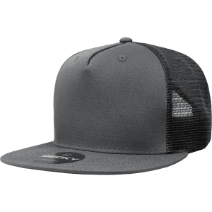 A grey five-panel high profile structured trucker cap with a mesh back and a logo on the side.