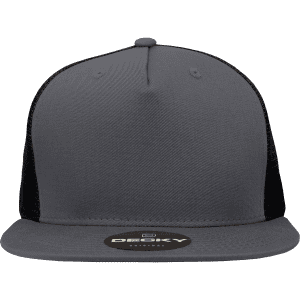 A grey high-profile structured trucker hat with a black mesh back and a logo on the front.