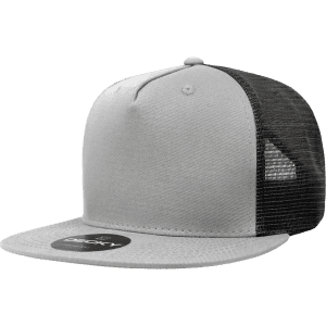 A grey and black 5-panel high profile structured trucker cap featuring a mesh back and a logo.