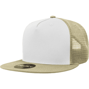 A structured trucker cap in white and khaki with a mesh back and a logo on the side.
