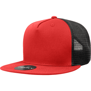 A red and black 5 Panel High Profile Structured Trucker cap with a mesh panel and a logo on the front.
