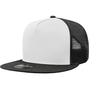 A 5-panel high profile structured trucker cap in white and black with a mesh back and a logo.