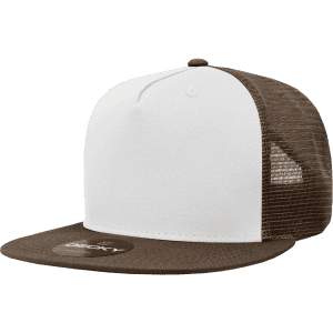A high-profile structured trucker cap featuring a white front panel and brown mesh sides, with a logo.