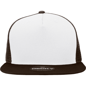 A high-profile structured trucker cap featuring a white front and a black mesh back, with a round logo on the brim.