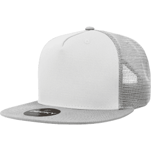 A white and grey 5 Panel High Profile Structured Trucker cap featuring a mesh back and a logo.