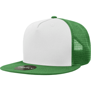 A high-profile structured trucker cap featuring a white front and green mesh back with a logo on the side.