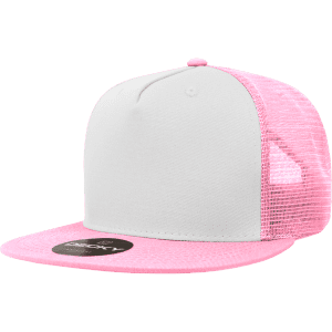 A high-profile structured trucker cap featuring a white front and pink mesh back. Includes a logo on the brim.