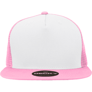 A pink and white 5 Panel High Profile Structured Trucker cap with branding on the front.