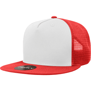 A high profile structured trucker cap featuring a white front and red mesh sides and back, with a logo on the side.