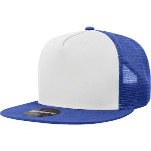 A blue and white 5 Panel High Profile Structured Trucker cap with a mesh back and an attached branded tag.