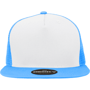 A high-profile structured trucker cap in white and light blue, featuring a logo on the front.