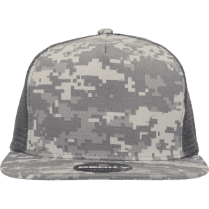 A high-profile structured trucker cap in a grey camouflage pattern with a branded logo on the front.