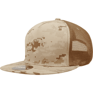 A beige camouflage caps with a structured high profile design and a mesh back. It features a logo.
