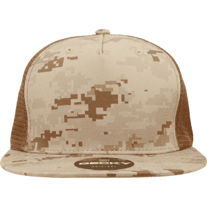 A high-profile structured trucker cap in a tan and brown camouflage pattern with a branded logo.