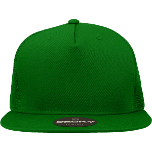 A green 5 Panel High Profile Structured Trucker cap with a logo.