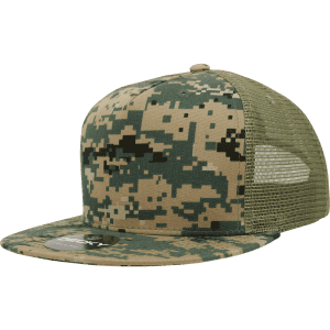 A structured, high-profile trucker cap in camouflage pattern with a mesh back and a flat brim.
