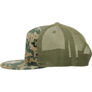 A high-profile structured trucker cap in camouflage patterns with a khaki mesh back and a curved brim.