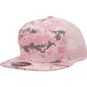 A pink camo 5 Panel High Profile Structured Trucker cap with a mesh back and a logo.