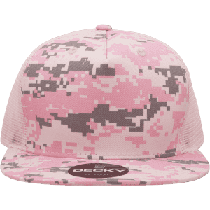 A pink camo trucker cap with a structured high profile and mesh sides, featuring a logo on the front.