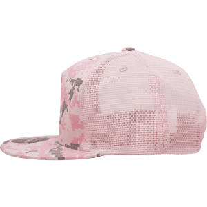 A pink camo 5 panel high profile structured trucker cap with mesh panels and a curved brim. It features a logo.