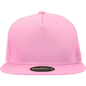A pink 5 Panel High Profile Structured Trucker cap with a flat brim and mesh detailing, featuring a logo.