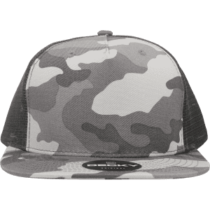A grey camo trucker cap featuring a structured high-profile design and a mesh back with a logo.