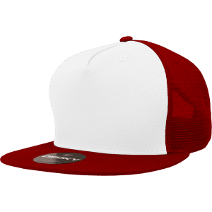 A red and white 5-panel high-profile structured trucker cap with a logo on the side.