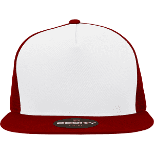 A red and white 5 Panel High Profile Structured Trucker cap with a logo on the front.