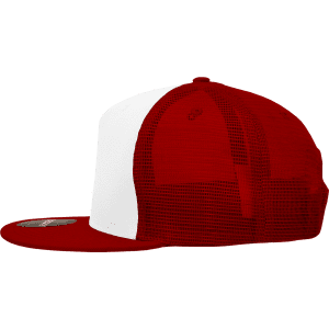 A red and white 5-panel high profile structured trucker cap with a mesh back and a logo.