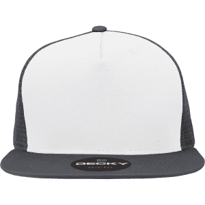 A structured trucker cap featuring a white front and dark grey mesh back with a logo on the front.