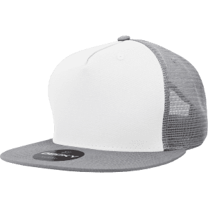 A high-profile structured trucker cap in white and grey, featuring a mesh back and logo detail.
