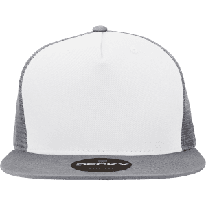 A high-profile structured trucker cap in white and grey, featuring a logo on the front.