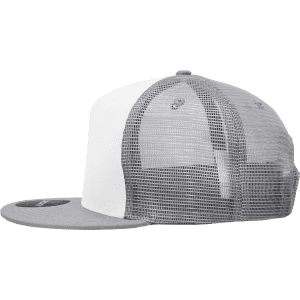 A high-profile structured trucker cap in white and grey with a mesh back and a flat brim.