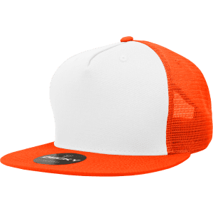 A high-profile structured trucker cap featuring a white front and orange mesh back. It has a circular logo on the brim.