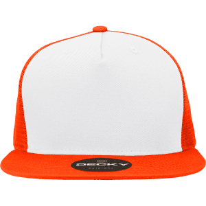A five-panel high-profile structured trucker cap in orange and white, featuring a logo on the front.