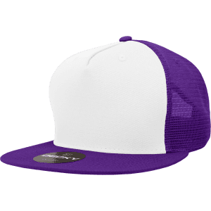 A high-profile structured trucker cap in white and purple, featuring mesh sides and a logo on the brim.