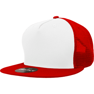 A red and white 5 panel high profile structured trucker cap featuring a logo.